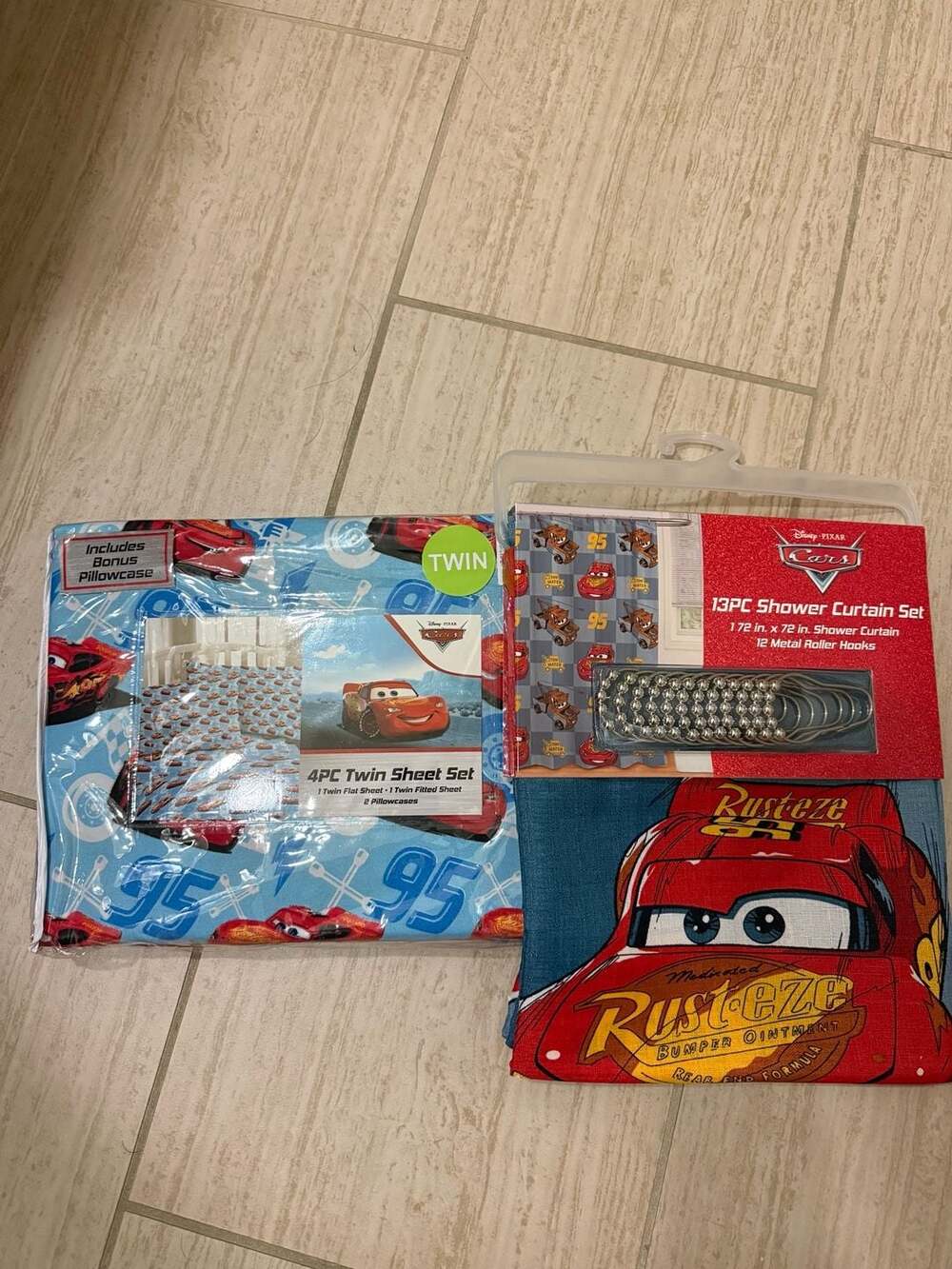 Disney Pixar Cars 4PC Twin Sheet Set and 13PC Shower Curtain Set Bundle
